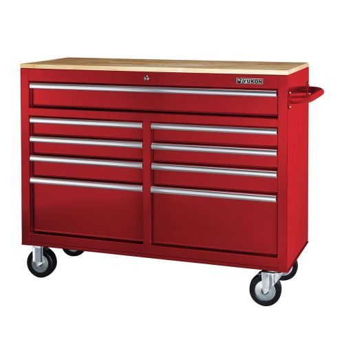 46 in., 9-Drawer Mobile Storage Cabinet with Solid Wood Top, Red