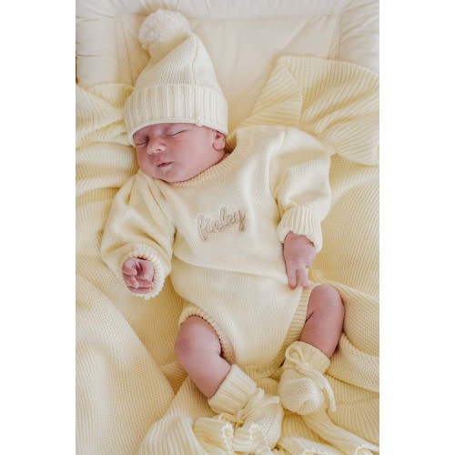 Embroidered Knit Sweater Bubble Romper in Ivory | Caden Lane