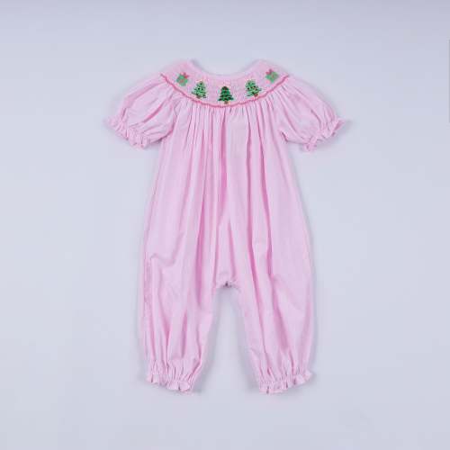 Pink christmas tree hand smocked ruffle romper
