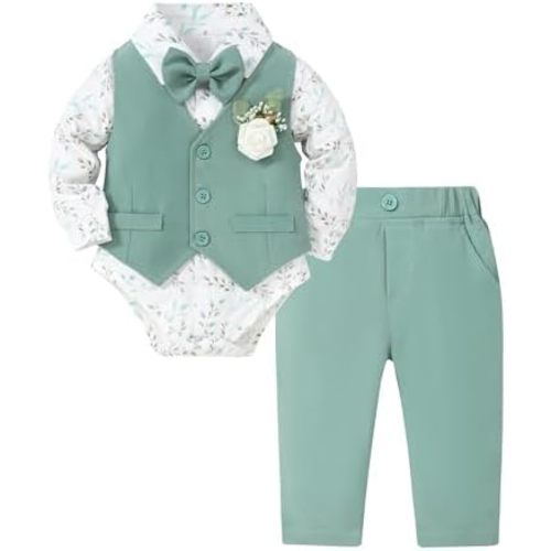 SANMIO Baby Boy Clothes Suits Infant Gentleman Outfit Collared Dress Shirt+Vest+Tie+Corsage+Pants 5Pcs Baby Suit Sets