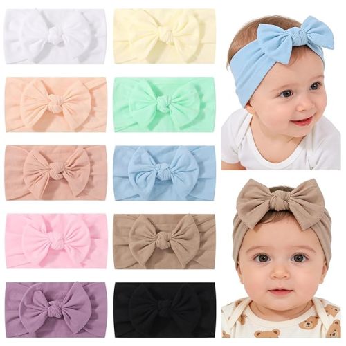 jollybows 10PCS Baby Girl Nylon Headbands Elastic Soft Turban Hair Bows Candy-Color Baby Hair Accessories for Toddlers and Infants