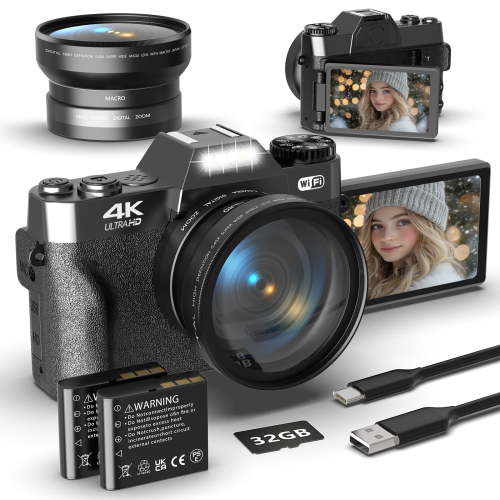 Saneen Digital Camera 4K 56MP Wifi Cameras 3''180° Flip Screen 16X Zoom 32GB SD Card 52mm Lens Black
