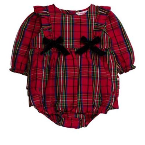 RuffleButts Baby Girls Woven Long Sleeve Waterfall Bow Bubble Romper