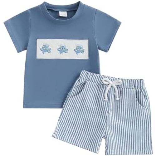 Finegoodwei Toddler Baby Boy Summer Outfits Short Sleeve Embroidered T Shirt Tees + Striped/Plaid Shorts Infant Clothes Set