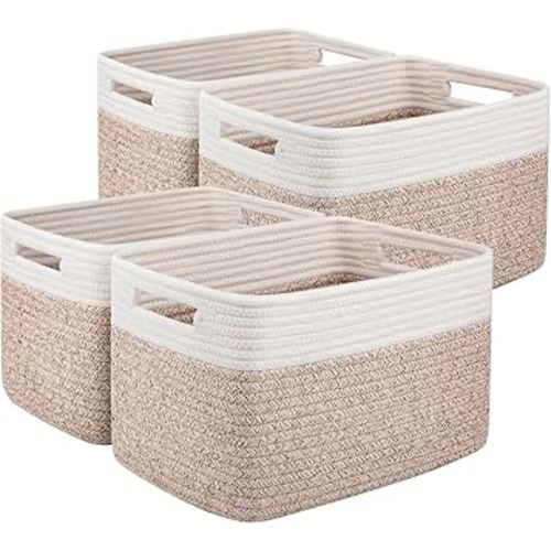 OIAHOMY 4 Pack Storage Baskets for Organizing, Basket for Shelves with Handle, Woven Baskets for Storage Toys, Towels, Books, Cotton Rope Basket 13" L x 9 " W x 7.8 " H, Brown & White
