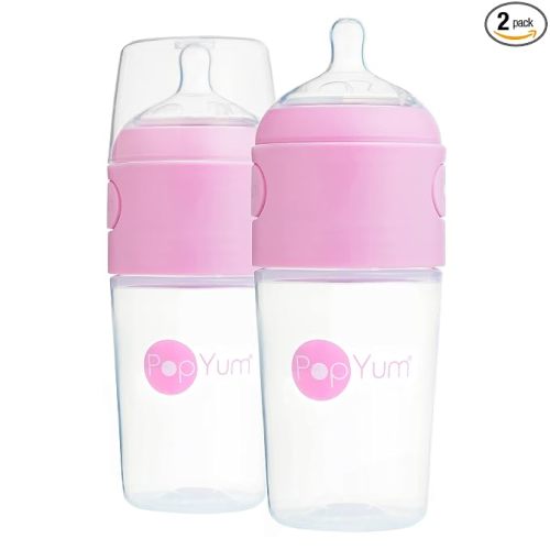 PopYum 9 oz Pink Anti-Colic Formula Making Baby Bottles, 2-Pack | #2 Medium Flow Nipples, 260 ml, BPA-Free, Natural Latch, Mixing Dispenser