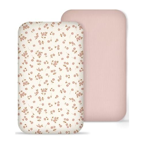 Muslin Bedside Bassinet Sheets 2 Pack, 33x20 Fitted Ultra Soft & Breathable Bedside Sleeper Sheets, Ideal for Baby Girl and Boy, Perfect for Newborns (Floral & Pink)