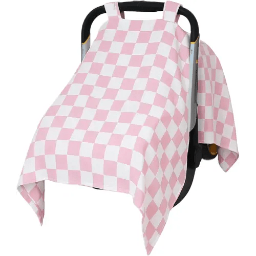 Muslin Car Seat Cover for Babies - Pink & White Plaid Infant Carrier Canopy, Soft & Breathable Baby Carseat Cover, Lightweight Sunshade for Summer, Universal Fit for Boys & Girls