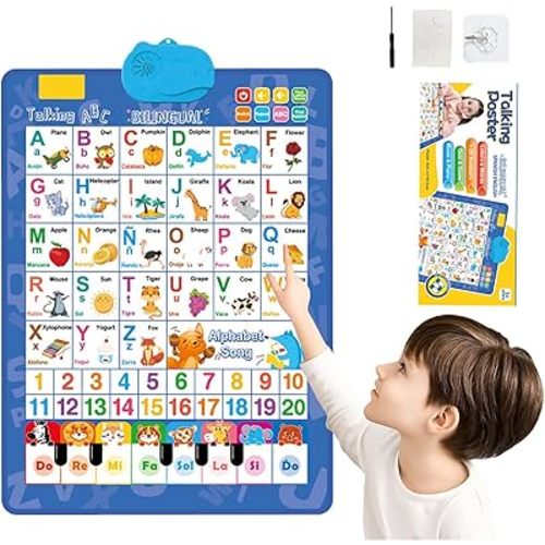 2025 New Talking Wall Chart for Kids – English & Spanish Learning Poster with Songs, ABCs, Numbers, Animal words & Piano, Toddler 1-6 Year old Tap , Learn & Play, Learning Through Entertainment (Blue)