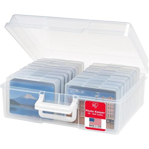 IRIS USA 4" x 6" Plastic Photo Storage Box with Handle, Clear, Craft Keeper with 16 Inner Cases for Photos and Scrapbooking