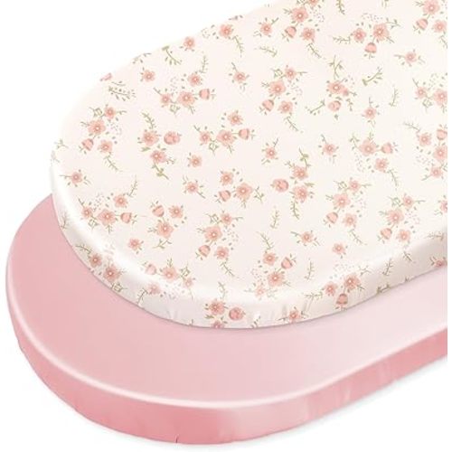 Unicorn Castle Satin Bassinet Sheets Baby 2 Pack Soft for Baby Hair Skin Fitted Bedside Bassinet Sheets for Newborn for Oval Rectangle Hourglass Bassinet Mattress,Pink Floral - Pink