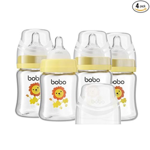 YOHKOH Glass Baby Bottles with Slow Flow Nipple, Newborn Anti-Colic Feeding Bottles for 0+ Months, Wide Neck, Borosilicate Glass, Clear Yellow, 5oz (Pack of 4)