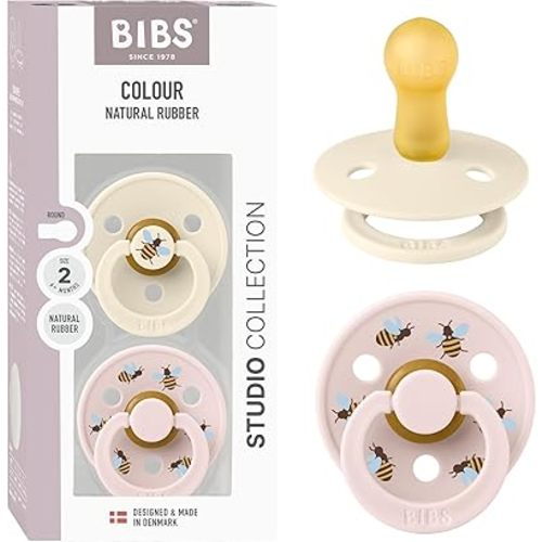 BIBS Studio Soother 2-Pack, BPA Free Dummy Pacifier, Round Nipple. Natural Rubber Latex, Made in Denmark, Size 2 (6-18 Months), Ivory/Petal
