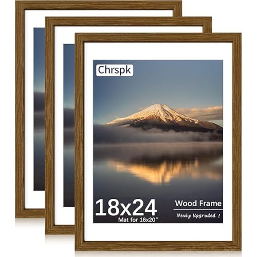 18x24 Poster Frame, Display Pictures 16X20 with Mat or 18x24 Without, Wall Hanging Frames, Rustic Brown, 3 Pack
