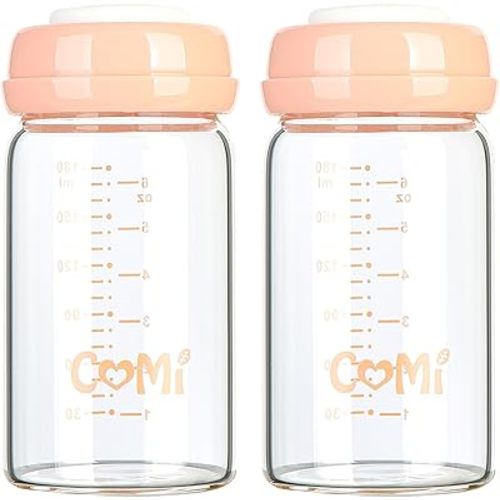 COMI Wide Neck Glass Breastmilk Collection n Storage Bottle, 6oz with Screw Ring Sealing Disk; Re-markable Sealing Disc. BPA Free, Fits Breast Pumps & Nipples (2 Pack Pink Lids)