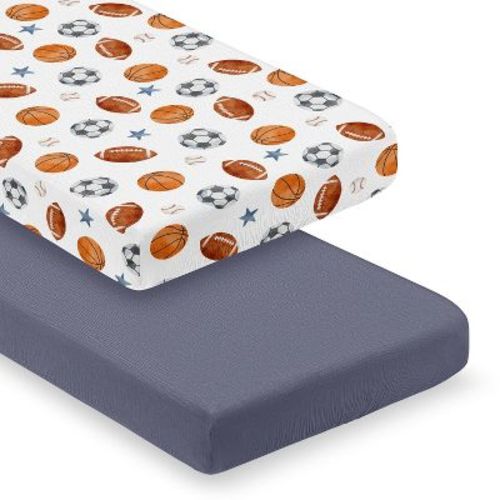 Sweet Jojo Designs Baby Boy Fitted 100% Cotton Muslin Crib Sheets Set Watercolor Sports Theme Blue Brown and Orange 2pc