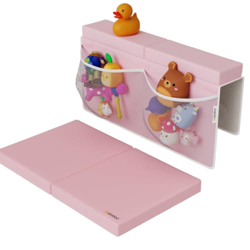 Baby Bath Kneeler and Elbow Rest Pad Set, Non-Slip Painless Thick Kneeling Pad - Foam Kneeling Pad for Bathing Babies - Knee Saver & Arm Support with 4 Pockets Toy Organizer (Large, Baby Pink)