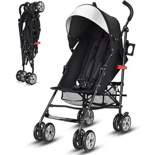 BABY JOY Lightweight Stroller, Compact Travel Stroller, Infant Stroller w/Adjustable Backrest & Canopy, Cup Holder, Storage Basket, 5-Point Harness, Easy Fold, Umbrella Stroller for Toddler, Black