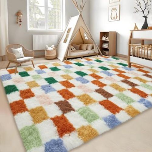 Area Rug for Bedroom Living Room Rug Fluffy Soft Checkered Rug Fuzzy Shag Shaggy Carpet, Indoor Plush Floor Rug for Dorm Nursery Home Decor Aesthetic