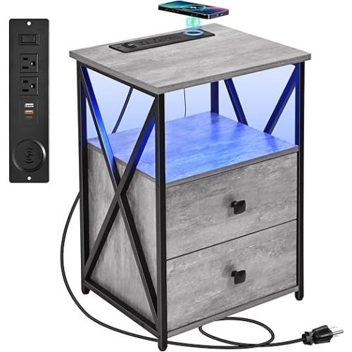 Livofloral Nightstands with Wireless Charger, Grey Side Tables with Storage, End Tables with Charging Station, LED Bedside Table with Wooden Storage Drawers for Bedroom, Side Tables Living Room