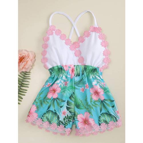 SHEIN Young Girl Tropical Print Appliques Criss Cross Back Cami Romper | SHEIN USA