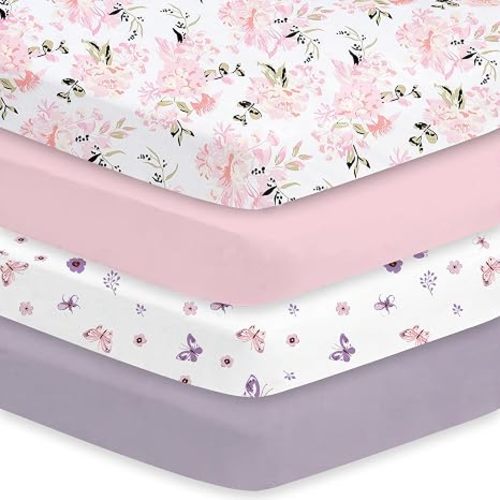 Little Grape Land Crib Sheets Girl 4 Pack, Baby Crib Sheets for Standard Crib & Toddler Mattress, Super Soft Breathable Crib Sheet Set for Girls (Floral & Butterfly)