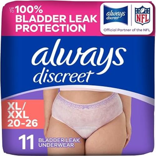 Always Discreet Reimagined Adult Diapers for Women, Maximum Absorbency Incontinence and Postpartum Underwear Size XL/XXL, Up to 100% Leak Free Bladder Leak Protection, 11 Count​