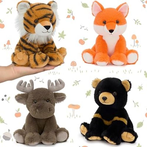 MorisMos 4 Pcs Stuffed Animals Bulk, 8 Inch Woodland Animal Plushies Set with Fox Black Bear Tiger Moose, Soft Plush Toys for Kids, Forest Animal Plush for Baby Shower Decorations Party Favors