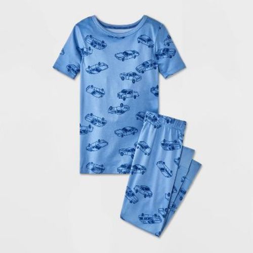Toddler 2pc Short Sleeve Smooth Jersey Checkered Snug Fit Pajama Set - Cat & Jack™ Blue/Cream 3T
