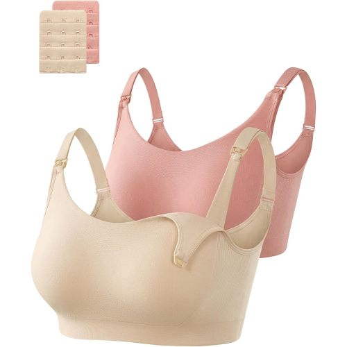 OUGES Women's Cotton 2 Pack Maternity Nursing Bras Breastfeeding Seamless Wireless Sleep Bralette with Extra Extenders