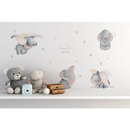 Dumbo Nursery Room Removable Wall Decal - Cute Elephants Clouds and Stars Sticker for Kids Room Decor (Elephant Sticker)