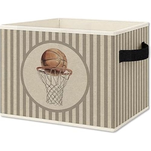 Vintage Basketball Boy Storage Bins Box with Handles, Sports Kids Decor for Boys, Neutral Striped Basketball Collapsible Organizer Basket for Kids Nursery Room Bedroom Playroom Toys Books
