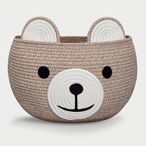 Baby Basket for Nursery - Bear Gift Baskets Empty for Kids Baby Shower Baskets for Toys Diaper Caddy Small Woven Rope Storage Basket for Home Décor Easter basket Light Brown, 16" D x 11" H