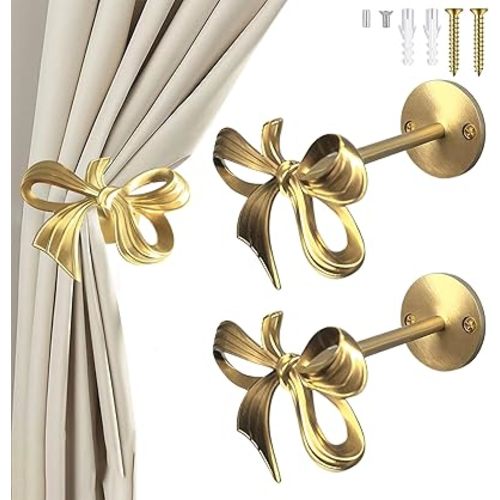 2 Pcs Brass Bow Curtain Holdbacks Wall Mounted Gold Curtain Holdbacks Bow Modern Decorative Drapery Pull Back Hooks with Screws Accessories for Living Room Bedroom Office Home