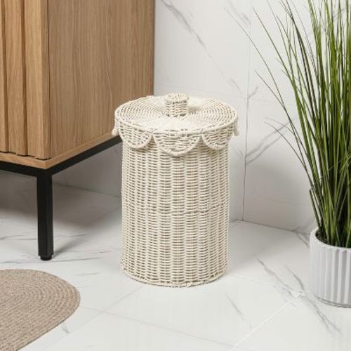 happimess Fern Modern Bohemian Resin 2.9-Gallon Cylinder Wicker Wastebasket with Scalloped Lid, White