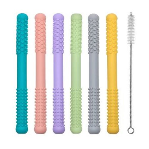 Silicone Baby Teething Tubes 5 Pack for Infants, Hollow Chew Straw Teethers for Babies 6–12 Months,