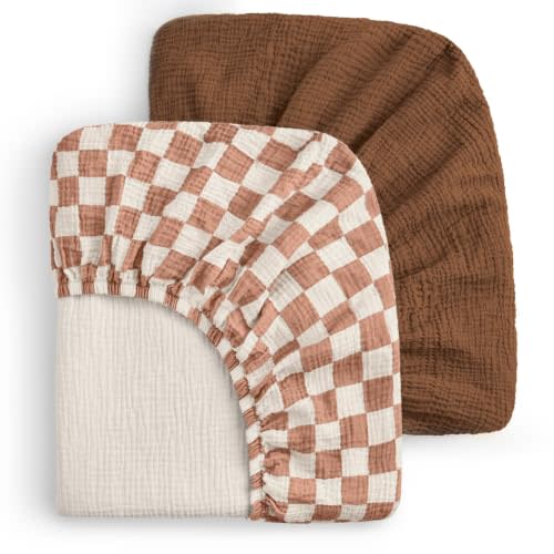 Blissful Diary Muslin Crib Sheets, 2 Pack, Brown Checkboard & Brown | fitted for 52''x28'' crib mattress, soft and breathable cotton, boho style, easy care for machine wash, gift for boy and girl