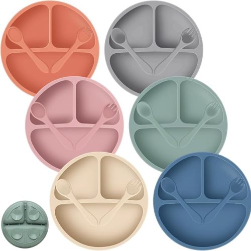 Potchen 6 Pack Suction Plates for Babies with Spoon Fork Silicone Divided Suction Plate for Toddlers Unbreakable Self Feeding Eating for Boys Girls(Dark Gray, Army, Dark Blue, Orange, Khaki, Pink)