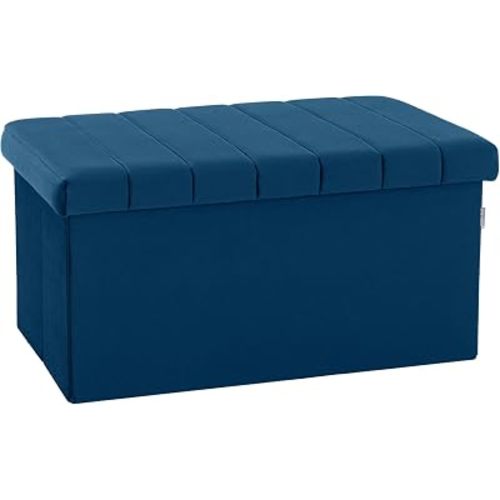 Seville Classics Cushioned Fabric Ottoman Hidden Storage Chest Footrest Chair, Padded Seat for Bedroom, Dorm, Loft, Living Room, Entryway, Hallway, Blue Velvet, 30" Bench