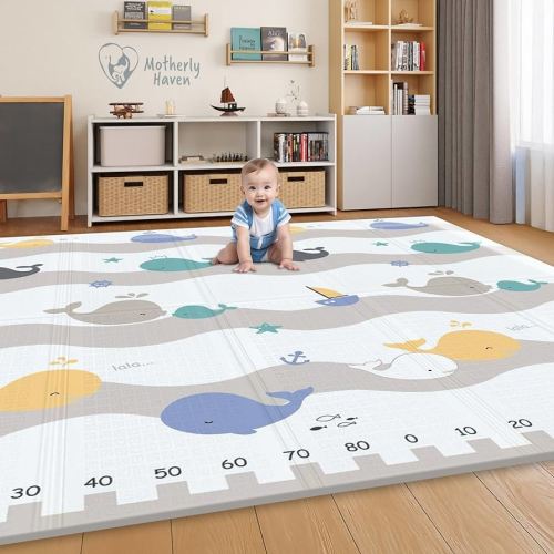79x71 Foldable Baby Play Mat for Floor, Extra Large Reversible Foam Play Mat for Babies 6-12 Months, Waterproof Portable Foam PlayMat for Tummy Time for Toddler - Whales