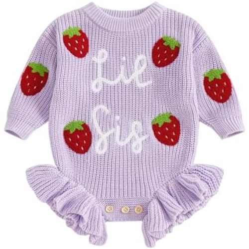 Little Sister Newborn Outfit Baby Girl Knit Sweater Romper Strawberry Embroidery Onesie Cute Fall Winter Clothes