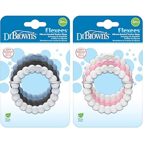 Dr. Brown's Flexees Beaded Baby Teether Rings,Soft 100% Silicone, 6 Pack, Blue & Pink Variety, BPA Free, 3m+