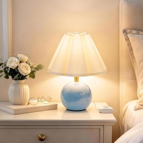 Bedside Table Lamp, Ceramic Stepless Dimmable Lamp with Scalloped Fabric Shade,Decorative Accent Light for Nightstand, Living Room, Console or Kids Dorm,Blue (E26 LED Bulb Included)