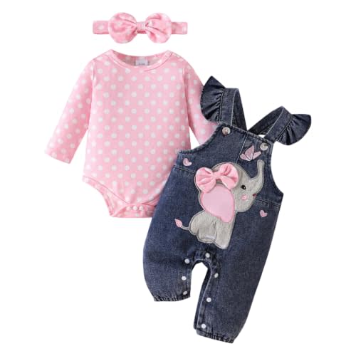 Baby Girl Clothes Newborn Romper Elephant Jeans Pants 3pcs 0-18M | Soft Breathable Romper, Elephant Denim Overalls, Bow Headband, Adjustable Straps, Easy Diaper Changes, Machine Washable