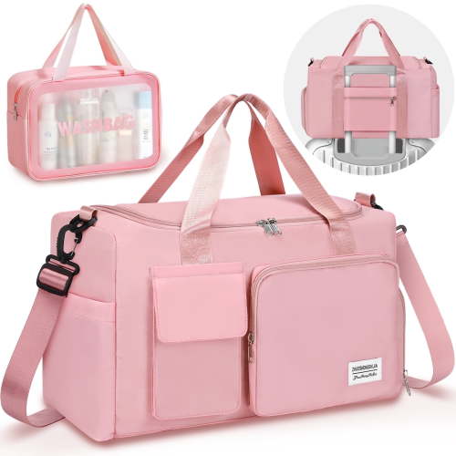 Gocvo Gym Bag with Shoes Compartment Convenient Gym Tote Bag for Women Dry Wet Separated Weekender Overnight Bags for Travel(Pink)