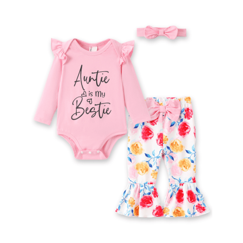 PatPat Baby Girl Clothes Long Sleeve Floral Romper Bell Bottom Pants with Cute Headband Outfit Set for Party Birthday Gift for Baby Girls Pink 3-6 Months