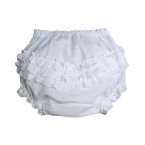 Baby Girls White Elastic Bloomer Diaper Cover with Embroidered Eyelet Edging - SM