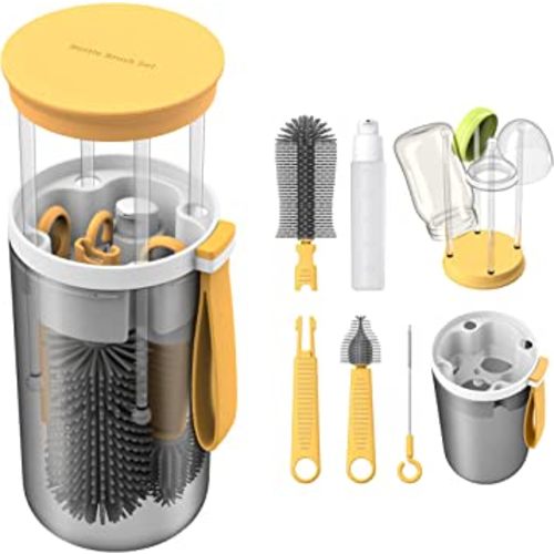 Travel Baby Bottle Brush Set with Extendable Liquid Silicone Bottle Brush，Nipple Brush，Built-in Bottle Drying Rack，Straw Cleaner Brush，Baby Bottle Soap Dispenser，Bottle Warmer (Yellow)