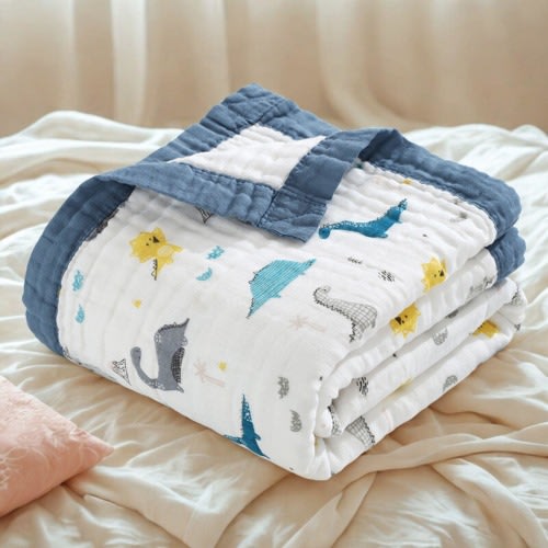 Blue Dinosaur Muslin Baby Blanket: 6-Layer Cotton Gauze Swaddle