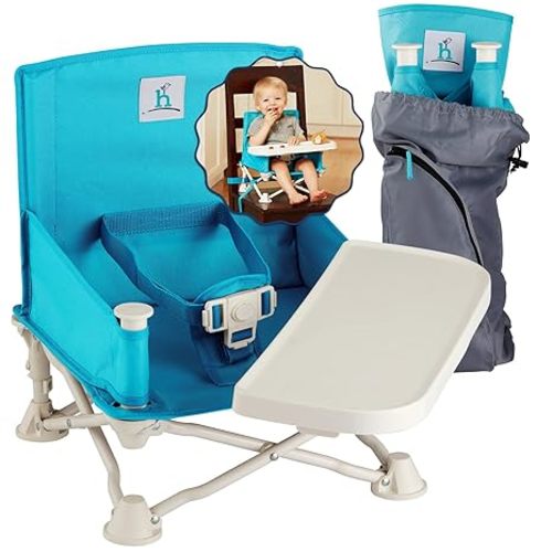 Hiccapop OmniBoost Travel Booster Seat with Tray for Baby | Folding Portable Seat for Dining Table, Camping, Beach, Grandma’s | Tip-Free Design Straps to Kitchen Chairs
